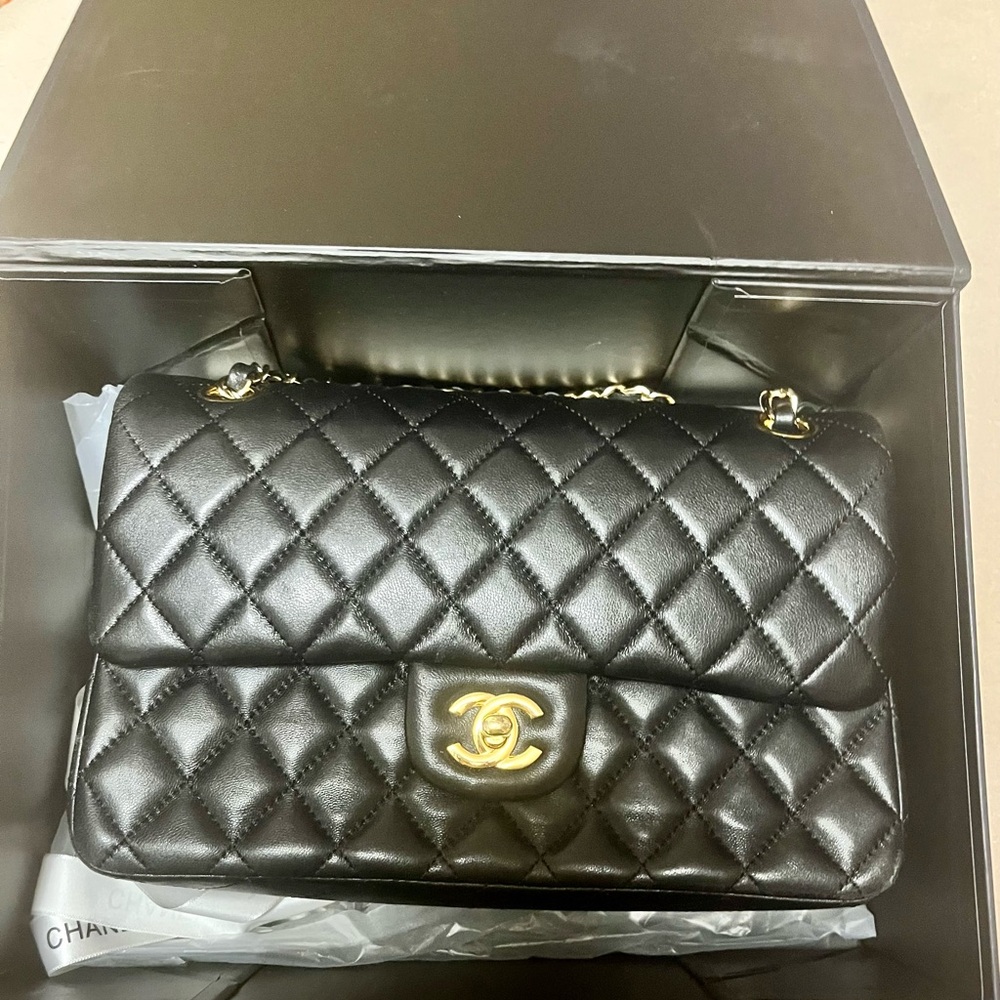 AUTHENTIC Chanel Black Quilted Shoulder Bag with Gold Accents